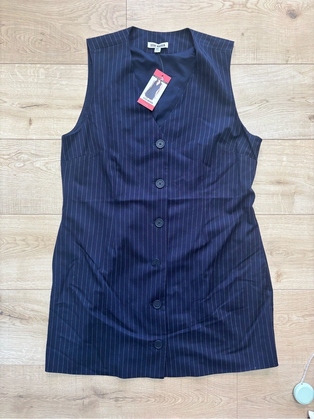 Steve Madden Navy Pinstripe Button Front Vest Dress Sleeveless Dress Size XL NWT
